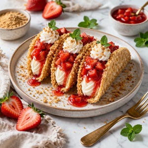Op de afbeelding: Een bord met drie desserttaco's gevuld met witte crème, gegarneerd met gesneden aardbeien, slagroom en muntblaadjes. De tacoschelpen zijn bedekt met kruimels. Verse aardbeien en een gouden vork. De plaat is 25 cm in diameter.