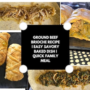 Peut inclure: Un collage d'images présentant une recette de brioche au bœuf haché. Le plat semble être un repas savoureux cuit au four, avec des couches de pâte, de bœuf haché et de légumes. Le texte sur l'image se lit : "RECETTE DE BRIOCHE AU BOEUF HACHÉ I PLAT SAVOUREUX FACILE CUISINÉ I REPAS FAMILIAL RAPIDE."