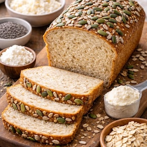 Peut inclure: Une miche de pain tranchée, parsemée de graines, est présentée sur une planche en bois. Des bols d'ingrédients, comme des flocons d'avoine et de la farine, l'entourent. L'image évoque la boulangerie et la cuisine.