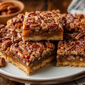 Op de afbeelding: Pecannoten taartstukken op een bord. De stukken hebben een gouden deegbodem, een karamelvulling en een pecannoten topping. De stukken zijn gerangschikt op een wit bord, met een paar pecannoten verspreid. Een houten kom met pecannoten staat op de achtergrond.