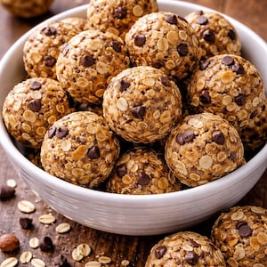 Peut inclure: Un bol blanc rempli de boules d'énergie. Les boules sont rondes, avec un mélange d'avoine et de pépites de chocolat. Quelques boules sont à l'extérieur du bol sur une surface en bois. L'image est bien éclairée.
