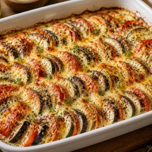 May include: A rectangular white ceramic baking dish filled with a layered vegetable gratin. The dish contains alternating slices of red tomatoes, green zucchini, and dark purple eggplant, all topped with melted cheese and green herbs.