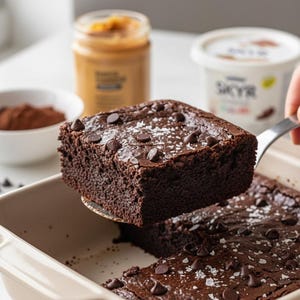 Peut inclure: Un carré de brownie au chocolat noir, garni de pépites de chocolat et de flocons de sel marin, est soulevé d'un plat de cuisson. D'autres ingrédients incluent un pot de beurre de cacahuète, un bol de cacao en poudre et un pot de yaourt Skyr.