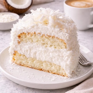 Peut inclure: Une part de gâteau à la noix de coco sur une assiette blanche. Le gâteau a des couches de glaçage blanc et est garni de noix de coco râpée. Une tasse de café et une moitié de noix de coco sont en arrière-plan.