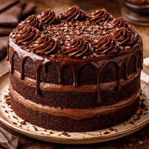 Puede incluir: Un pastel de chocolate de varias capas con glaseado de chocolate y virutas de chocolate. El pastel es de color marrón oscuro y está decorado con remolinos de glaseado. El glaseado gotea por los lados.