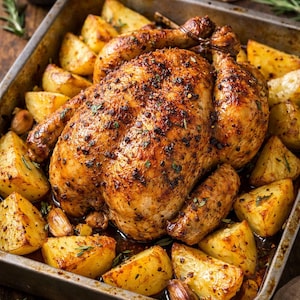 May include: A roasted whole chicken with crispy, golden-brown skin, surrounded by roasted potato wedges and garlic cloves in a metal baking pan. Rosemary sprigs and a small bowl of red paprika powder are also visible.