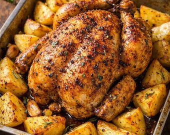 La mejor receta de pollo entero asado al horno, asado jugoso con papas, receta en PDF