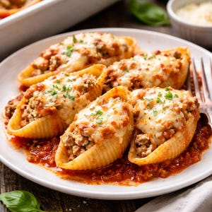 Peut inclure: Une assiette de coquilles de pâtes farcies, garnies d'un mélange de viande et recouvertes de fromage fondu et de persil. Les coquilles reposent dans un lit de sauce tomate rouge.