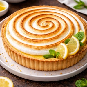 Peut inclure: Une tarte au citron meringuée sur une assiette blanche. La tarte a une croûte dorée et cannelée et une spirale de meringue dorée. Garnie de tranches de citron et de feuilles de menthe. Tranches de citron et un bol de quartiers de citron en arrière-plan.
