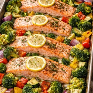 May include: A sheet pan meal featuring baked salmon fillets topped with lemon slices and herbs. The salmon is surrounded by roasted broccoli, red and yellow bell peppers, zucchini, and red onion. A healthy and colorful dish.