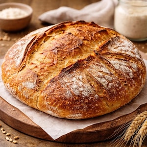 Peut inclure: Un pain rond fraîchement cuit avec une croûte brun doré, saupoudré de farine, est posé sur une planche à découper en bois. Le pain est entouré d'ingrédients comme de la farine dans un bol et un bocal, et des épis de blé.