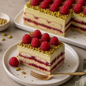 Peut inclure: Une part de dessert à plusieurs couches avec un extérieur vert clair, une garniture aux fruits rouges et garnie de framboises fraîches et de pistaches hachées. Le dessert est sur une assiette blanche avec une fourchette dorée.