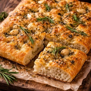 Peut inclure: Une focaccia rectangulaire, partiellement tranchée, sur une planche en bois. Le pain doré est garni d'herbes, de gousses d'ail et de brins de romarin. Une tranche est séparée, révélant la texture du pain.