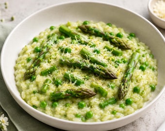 Ricetta PDF per risotto cremoso con asparagi e piselli – Un comfort food primaverile elegante