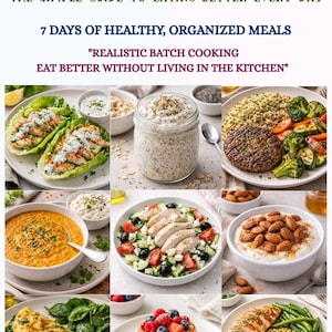 Puede incluir: Imagen colorida que muestra una guía de preparación de comidas para dos, con varias opciones de comidas saludables. La imagen incluye el texto "Meal Prep for Two" y "7 Days of Healthy, Organized Meals". Los platos incluyen ensaladas, tortillas y panqueques.