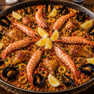 Peut inclure: Un grand plat de paella avec du riz au safran, des crevettes, des moules, du poulet et des quartiers de citron. Le plat est disposé en cercle, avec les fruits de mer et le poulet répartis uniformément.