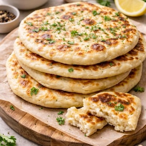 May include: A stack of golden-brown flatbreads sprinkled with fresh green herbs, resting on parchment paper and a wooden cutting board. Ingredients like cheese, garlic, and lemon are also visible, suggesting a culinary theme.