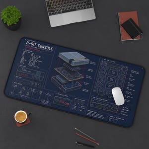8-Bit Console Blueprint Desk Mat | Lo fi Retro Gaming Schematic Mousepad