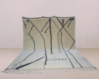 Zola | 8.8x11.1 ft Ivory Beni Mrirt Rug | Abstract Tribal Line Art Design | Minimalist Black & Cream Moroccan Berber Rug | Handwoven Wool