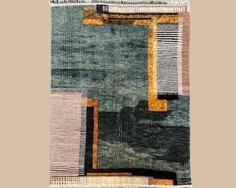 Torii | Dywan Beni Mrirt na zamówienie | Nowoczesny geometryczny wzór w kolorze turkusowym i złotym | Ręcznie tkana wełna | Dywan Beniloom