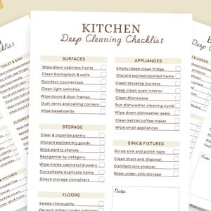 May include: A set of printable deep cleaning checklists for various rooms including the kitchen, bathroom, bedroom, and living room. The documents feature organized task lists with checkboxes, titled Room-by-Room Deep Cleaning BUNDLE Complete Checklists.