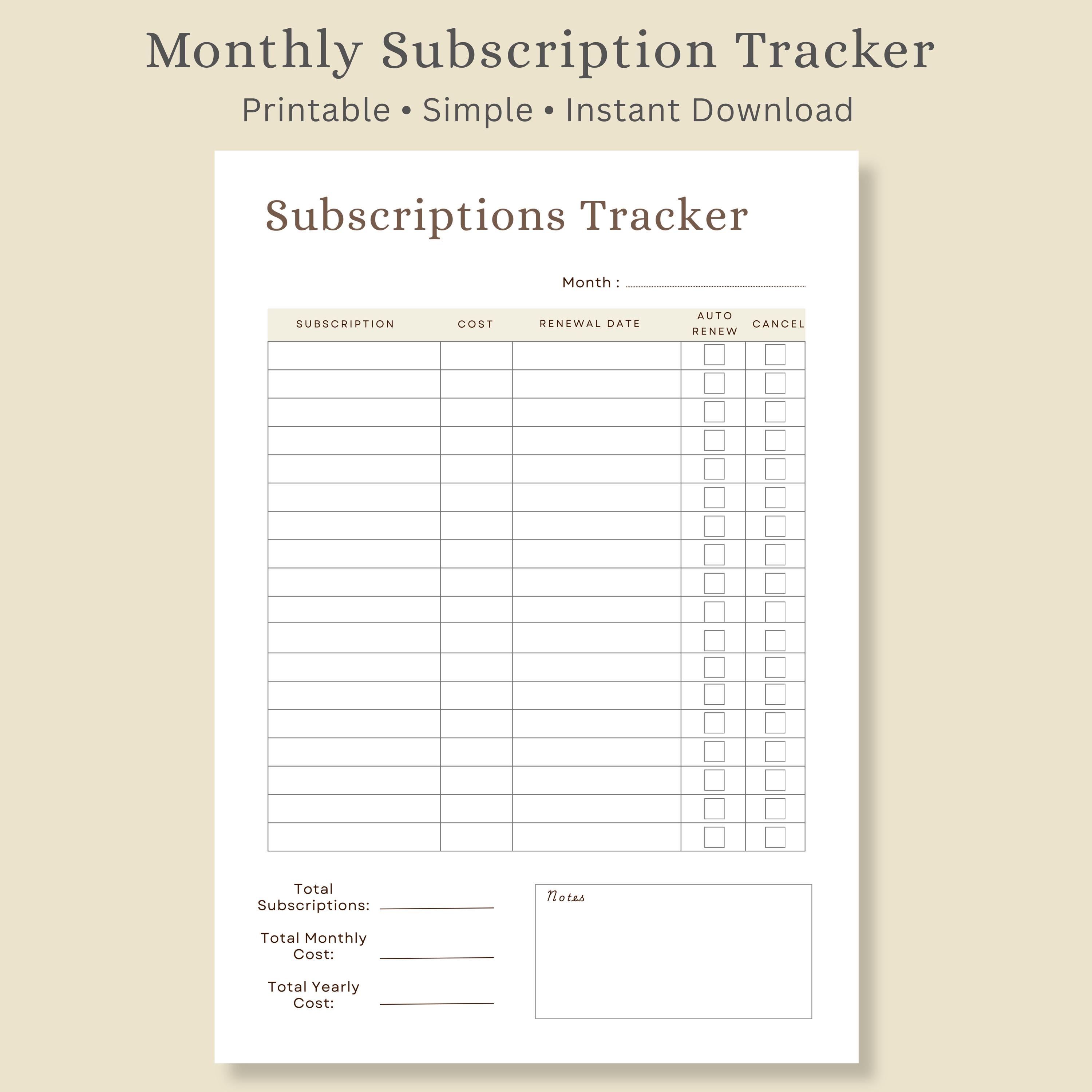 Subscription Tracker Printable | Subscription Log | Monthly ...