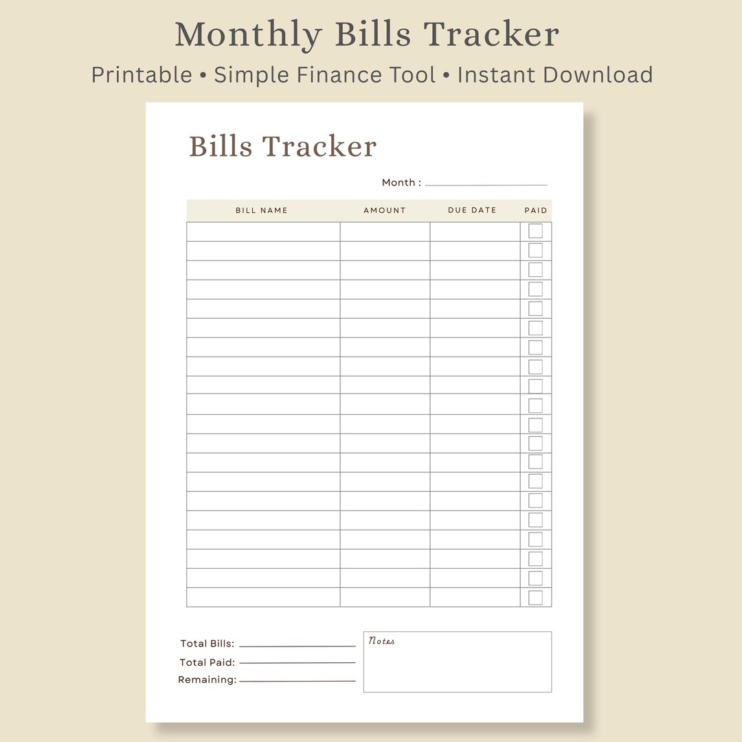 Bill Tracker Printable | Monthly Bill Payment Log | Due Date & Paid ...