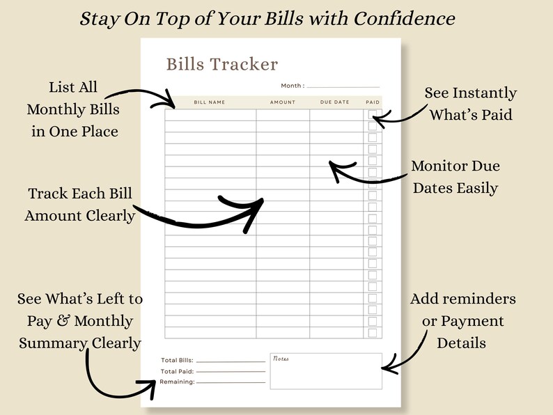 Bill Tracker Printable | Monthly Bill Payment Log | Due Date & Paid ...