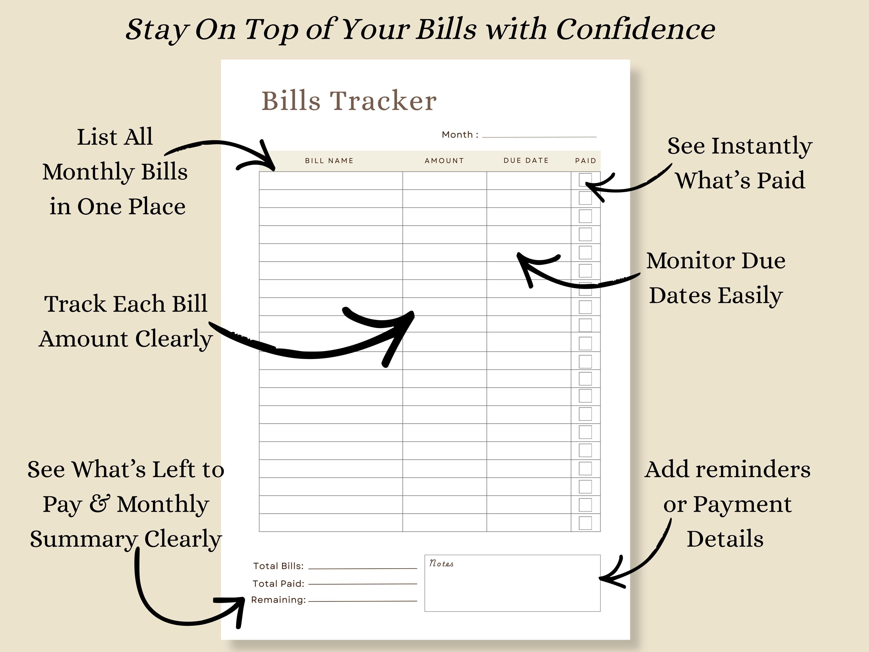 Bill Tracker Printable | Monthly Bill Payment Log | Due Date & Paid ...
