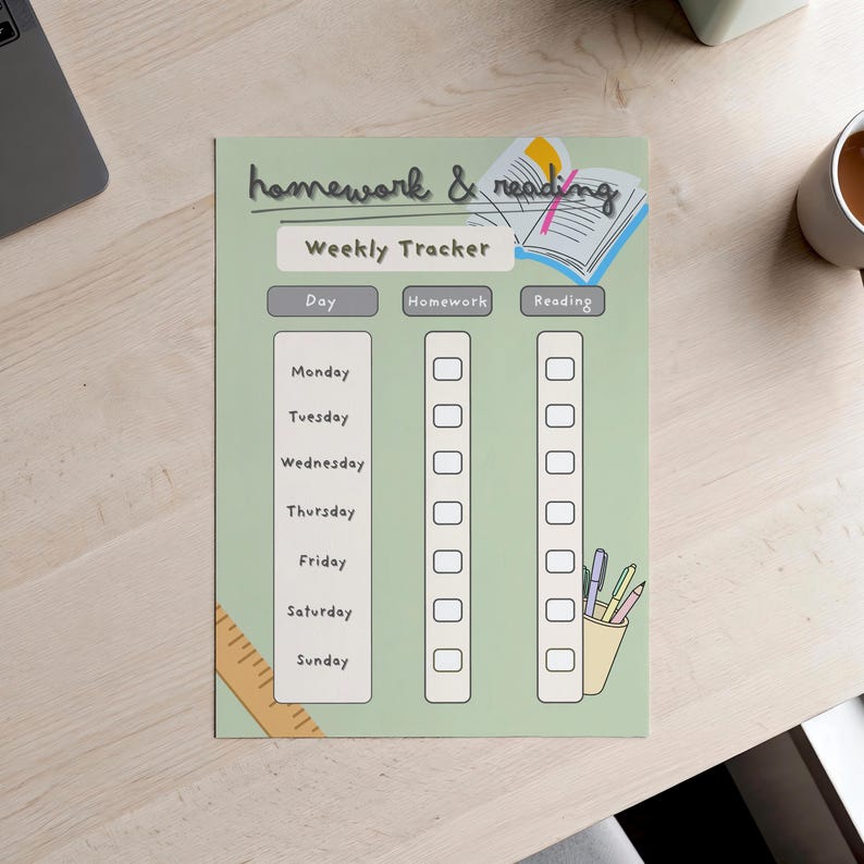 Current Week Tracker Ruler Kids Reading Tracker Printable | Weekly Reading Log & Homework Tracker ...