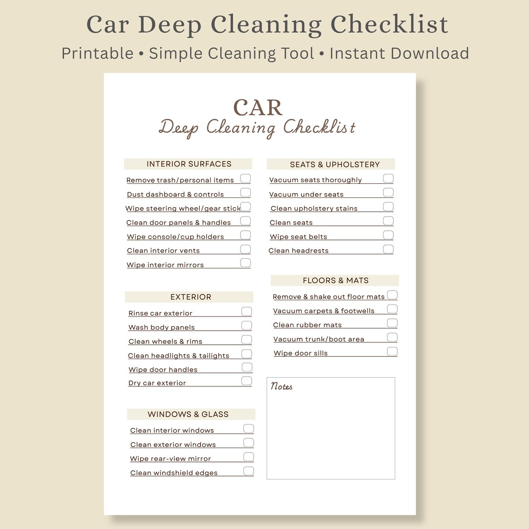 Car Deep Cleaning Checklist Printable | Car Cleaning Checklist | Auto ...
