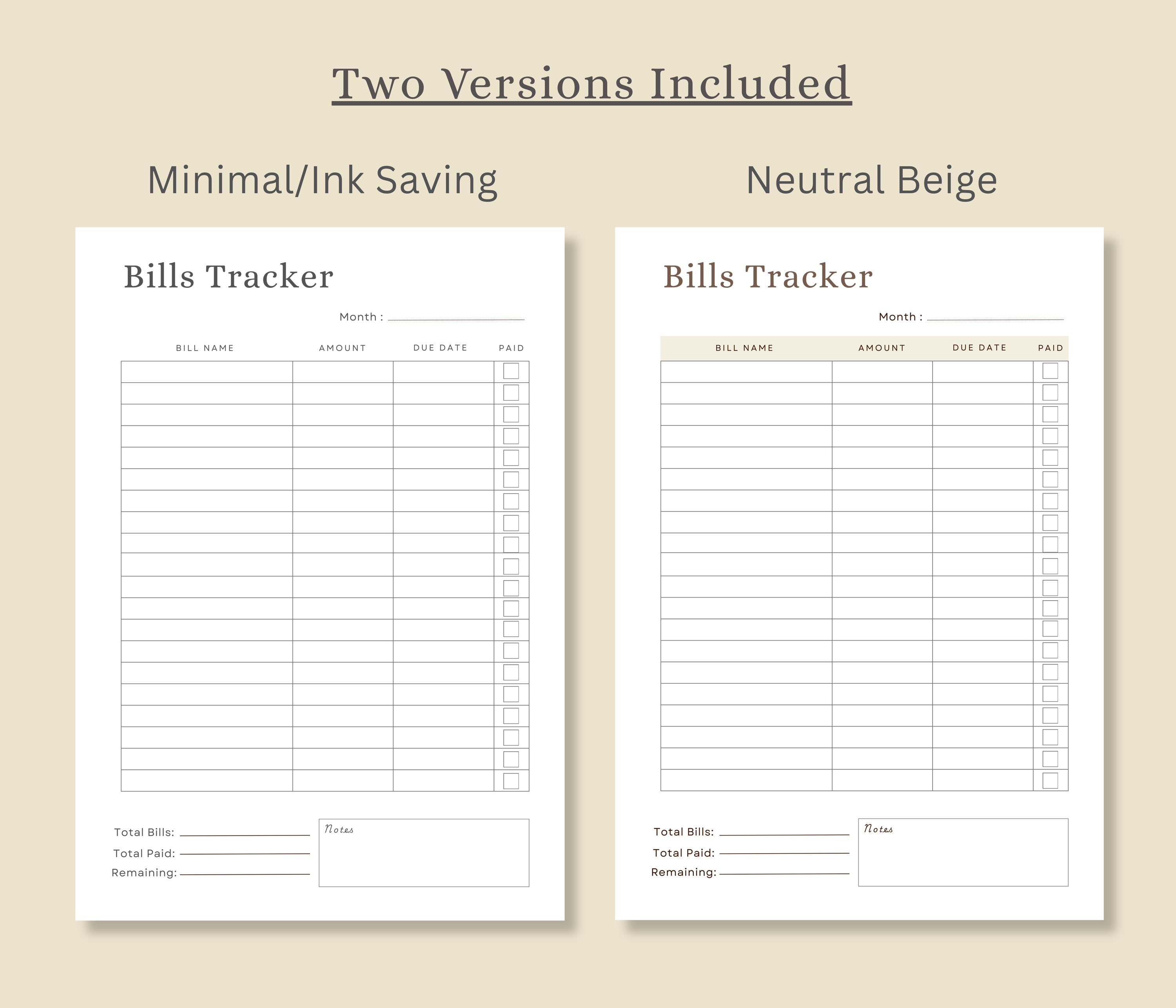 Bill Tracker Printable | Monthly Bill Payment Log | Due Date & Paid ...