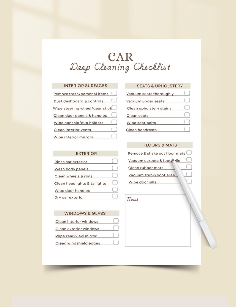 Car Deep Cleaning Checklist Printable | Car Cleaning Checklist | Auto ...