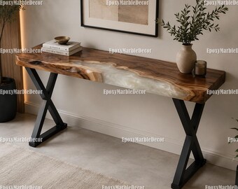 Handmade Walnut & White Epoxy River Console Table | Live Edge Entryway Table | Luxury Hallway Furniture Custom Sofa Home Decor Table |