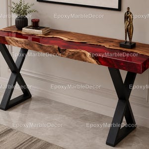 Handmade Live Edge Walnut & Red Epoxy Resin Console Table, Luxury River Entryway Table, Modern Wood Sofa Table , Custom Hallway Accent Table