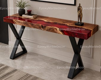 Handmade Live Edge Walnut & Red Epoxy Resin Console Table, Luxury River Entryway Table, Modern Wood Sofa Table , Custom Hallway Accent Table