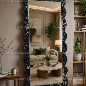 Black Marble Wavy Mirror, Nero Marquina Full Length Floor Mirror, Scalloped Leaner Mirror, Irregular Squiggle Frame, Luxury Stone Mirror