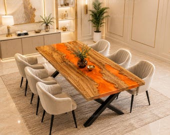 Handgemaakte walnoot epoxy rivier eettafel | Live Edge oranje harsmeubels