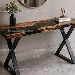 Green Epoxy Resin Wood Console Table, Live Edge River Table, Minimalist Entryway Table, Handmade Hallway Sofa Table, Custom Furniture Top