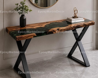 Green Epoxy Resin Wood Console Table, Live Edge River Table, Minimalist Entryway Table, Handmade Hallway Sofa Table, Custom Furniture Top