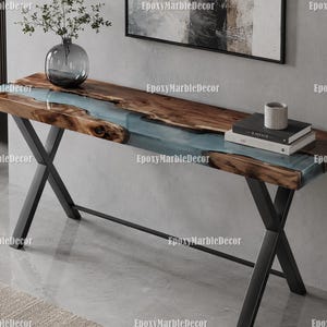 Live Edge Walnut Epoxy River Table, Blue Resin Entryway Table, Handmade Hallway Table, Modern Sofa Table, Custom Wood Console Table |