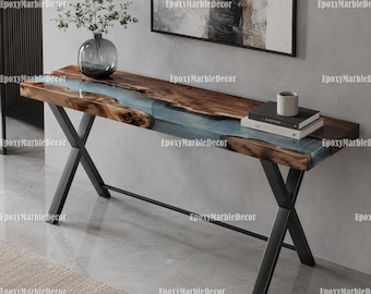 Live Edge Walnut Epoxy River Table, Blue Resin Entryway Table, Handmade Hallway Table, Modern Sofa Table, Custom Wood Console Table |