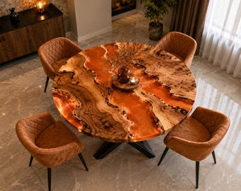 Luxury Round Olive Wood Epoxy River Dining Table, Burnt Orange Resin Table, Designer Handmade Decor Furniture, Custom Made Coffee Table |