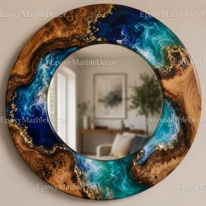 Large Round Epoxy Resin Mirror, Deep Blue Ocean Resin Wall Art, Rustic Live Edge Wooden Frame Mirror, Luxury Home Decor, Vanity Mirror