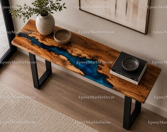 Modern Blue Epoxy River Console Table, Walnut Live Edge Entryway Table, Luxury Modern Hallway Furniture Luxury Epoxy River Hallway Table |