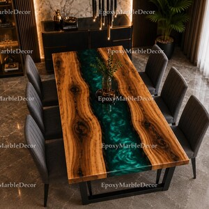 Live Edge Olive Wood & Emerald Teal Epoxy River Coffee Table | Handmade Luxury Resin Table | Modern Wood Dining Room Tabletop |