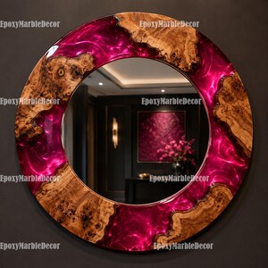Round Olive Wood & Magenta Epoxy Resin Mirror, Handmade Luxury Wall Decor