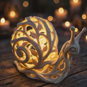 Könnte beinhalten: Eine cremefarbene, schneckenförmige Lampe mit einem komplizierten, durchbrochenen Gehäusedesign und geschnitzten Blattmustern. Das Innere des Gehäuses wird von einem warmen, leuchtenden Licht erhellt, das durch die skulptierte Struktur scheint.