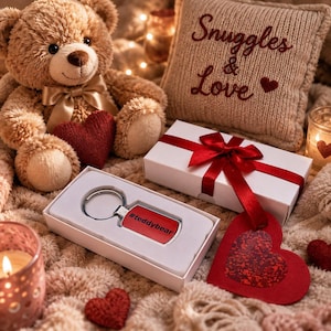 May include: A rectangular metal keyring with a red insert featuring the text #teddybear, presented in a white gift box with a red ribbon. The keyring is accompanied by a brown plush teddy bear and a beige knit pillow with the text Snuggles & Love.