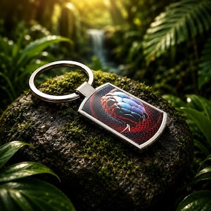 May include: A rectangular metal keyring featuring a split ring and a central graphic insert. The insert displays a detailed, iridescent blue and purple snake head set against a dark red, textured scale pattern background with a metallic silver border.